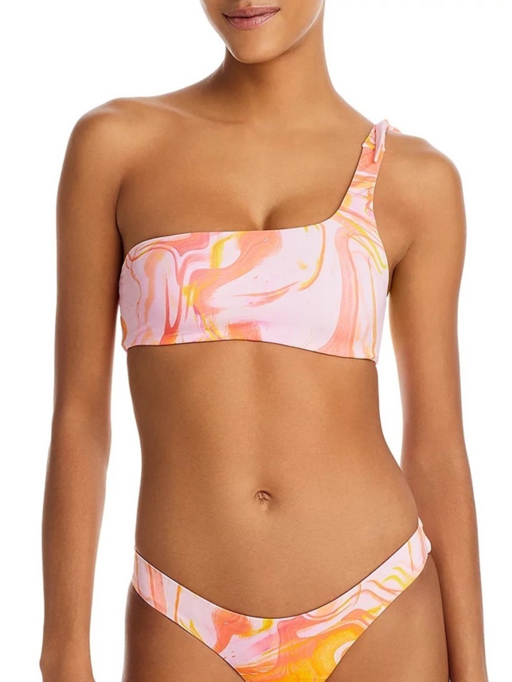 🆕 AQUA SWIM BIKINI SWIRL PRINT ONE SHOULDER TOP AND BOTTOM PINK/ORANGE SIZE S
